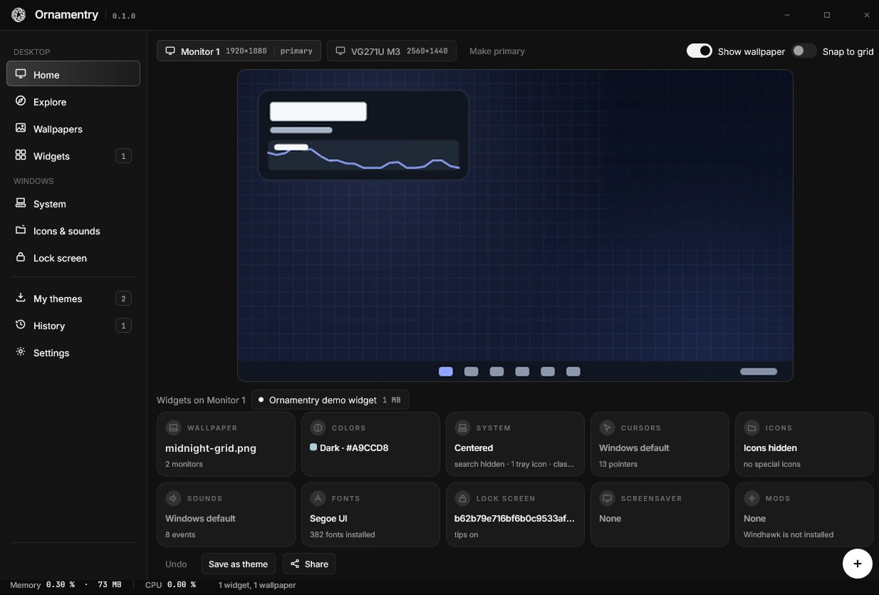 Ornamentry's Home page: a live preview of the desktop with a widget, and a tile for every layer from wallpaper to lock screen