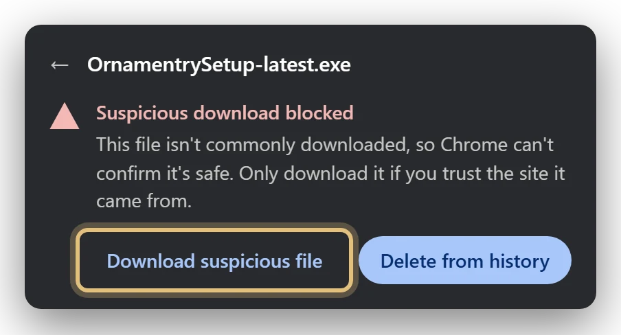 Chrome's download bubble with Download suspicious file highlighted