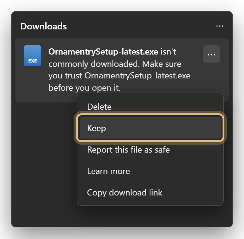 Edge downloads list with the ⋯ menu open and Keep highlighted