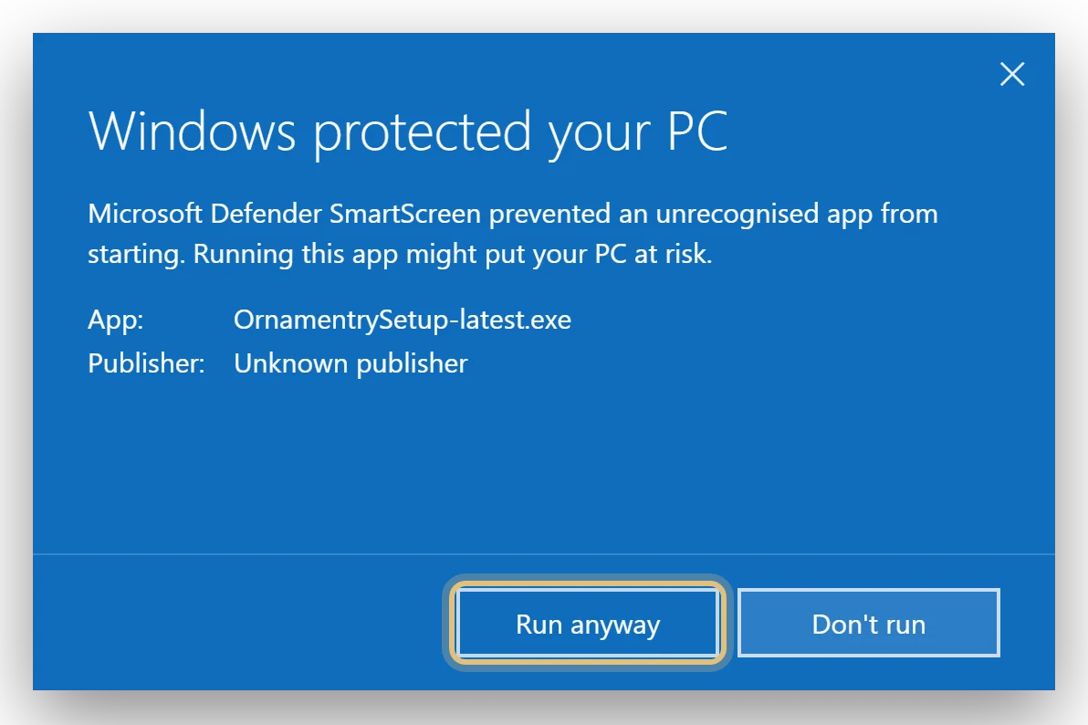 The same dialog after More info, with Run anyway highlighted